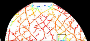 Image: Shown is an optical mammography image of hemoglobin oxygenation of a duct carcinoma in situ (DCIS), a breast cancer in the lining of the milk ducts that has not yet invaded nearby tissues. In this image, the boxed area corresponds to the cancer location and indicates lower values of hemoglobin oxygenation. For cancerous tissue that is associated with abnormal hemoglobin concentration and oxygenation, optical mammography can be used to help diagnose breast cancer and also indicate how well a patient responds to breast cancer chemotherapy (Photo courtesy of Tufts University Medical Center).